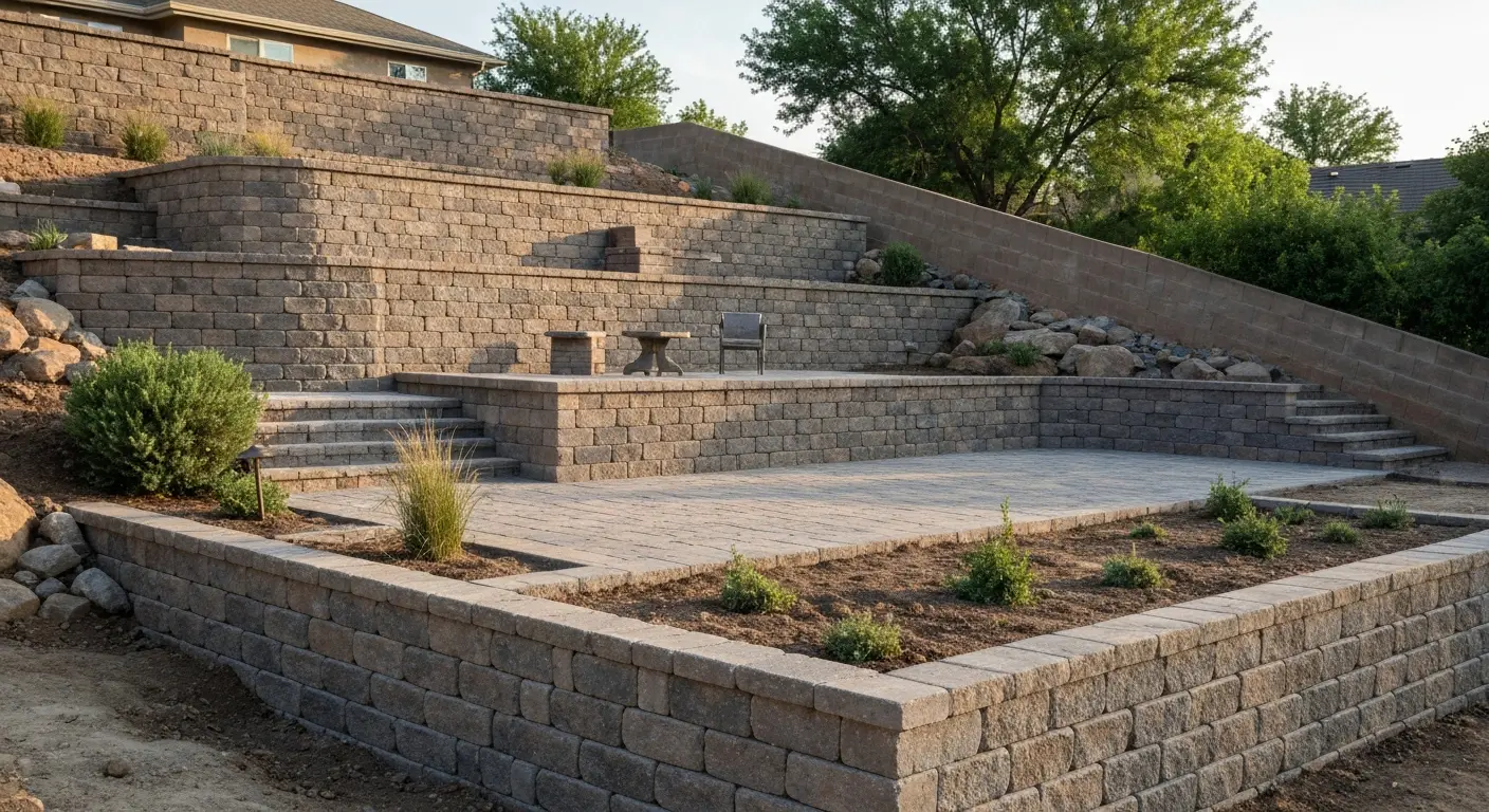Tiered retaining walls create flat spaces