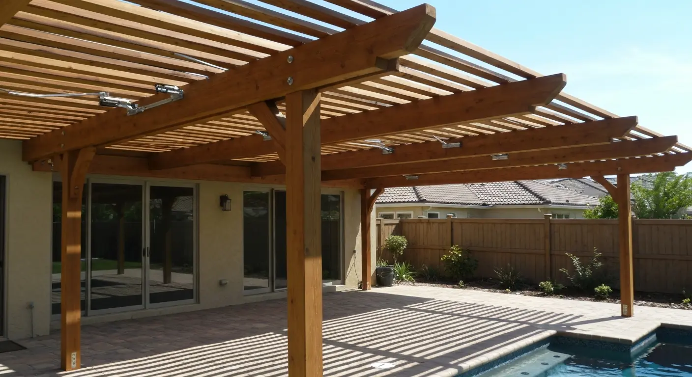 Pergola structure over pool patio