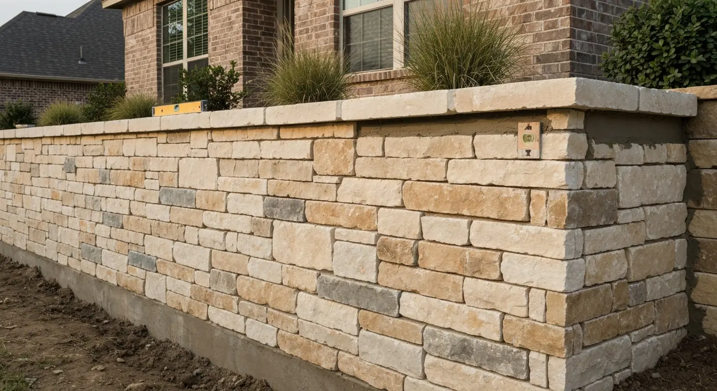 Stone retaining wall with decorative finish