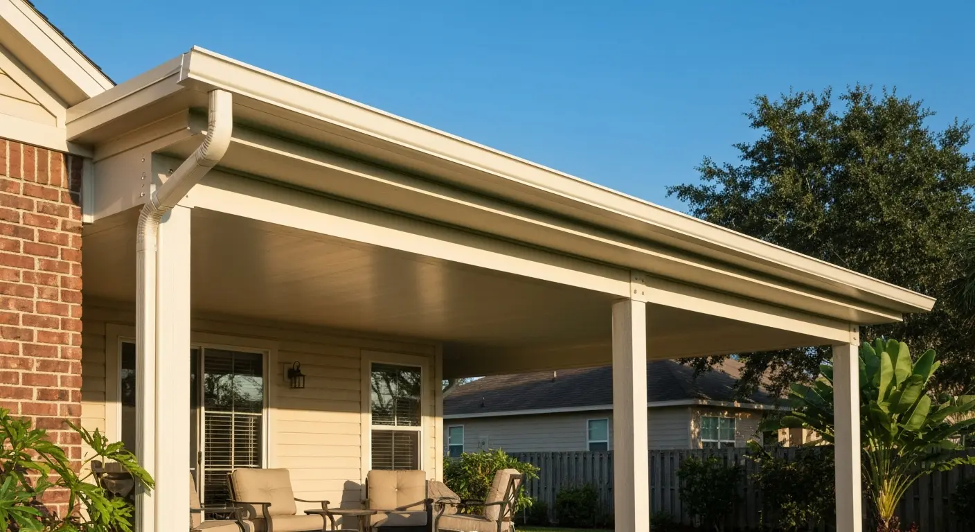 Solid patio cover protecting outdoor seating area