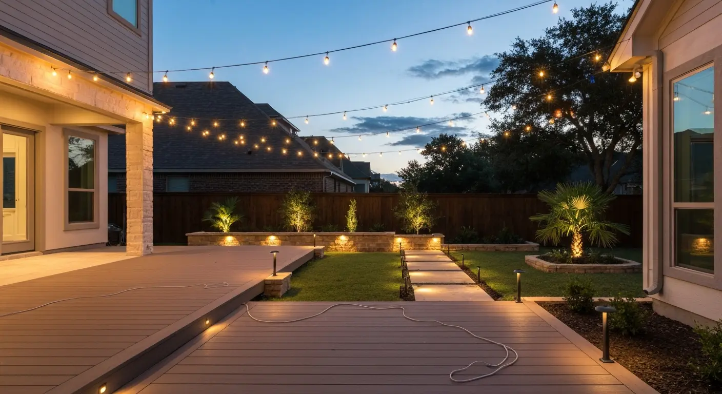 Outdoor living space illuminated with layered lighting