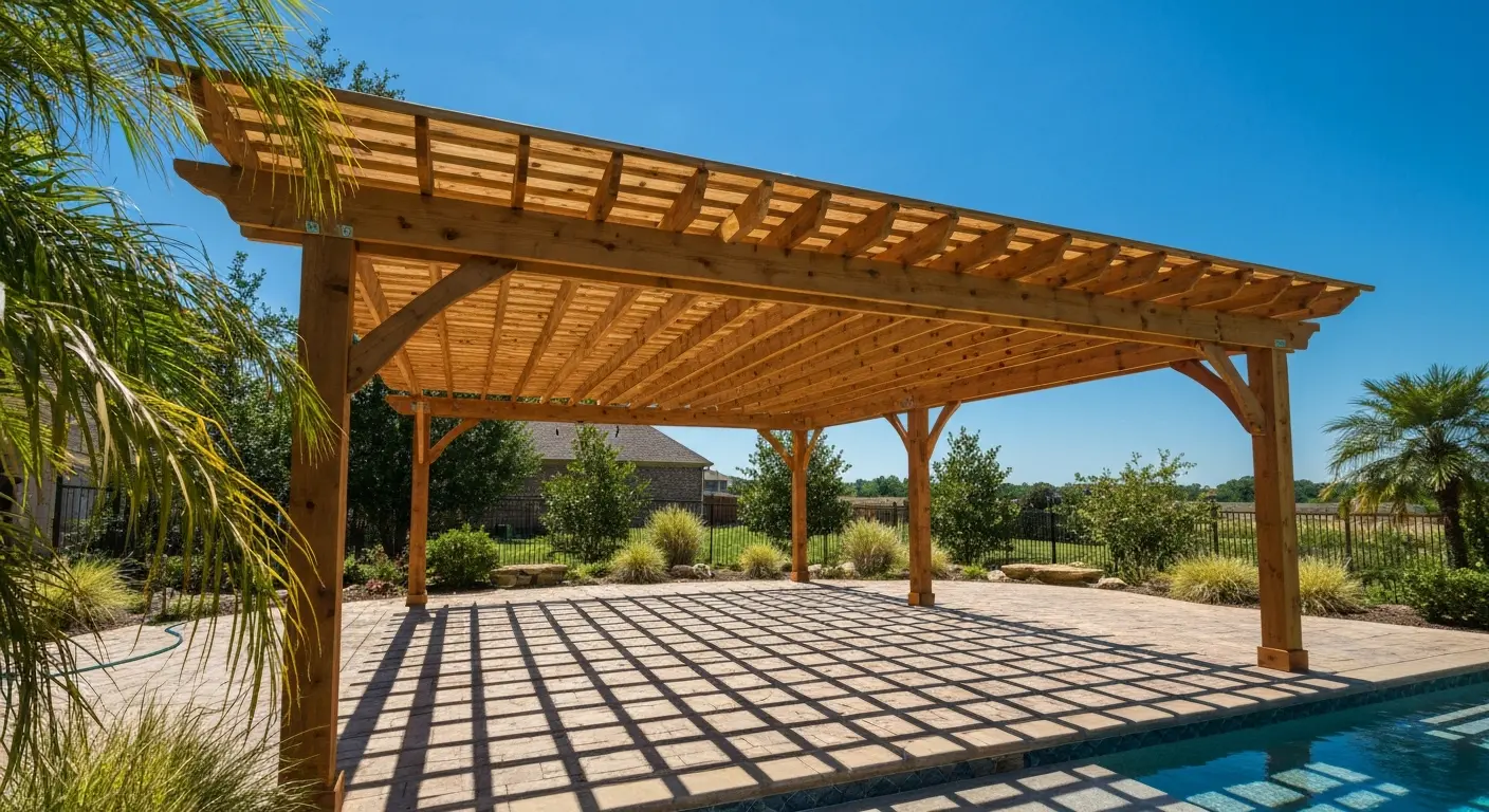 Pergola shade structure over pool deck in Cypress