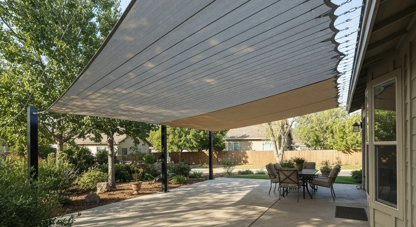 Shade canopy over patio seating