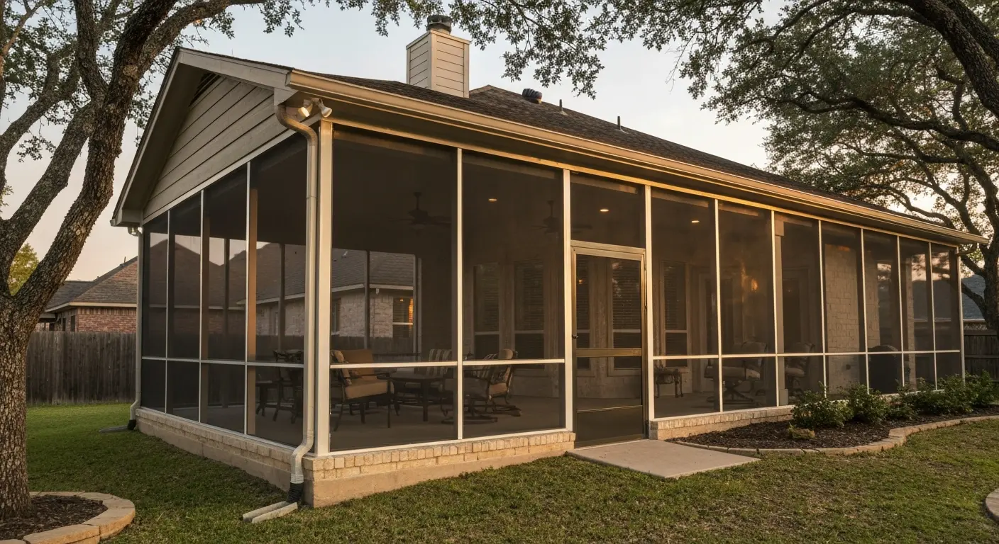 Screen enclosure attached to patio cover with seating area