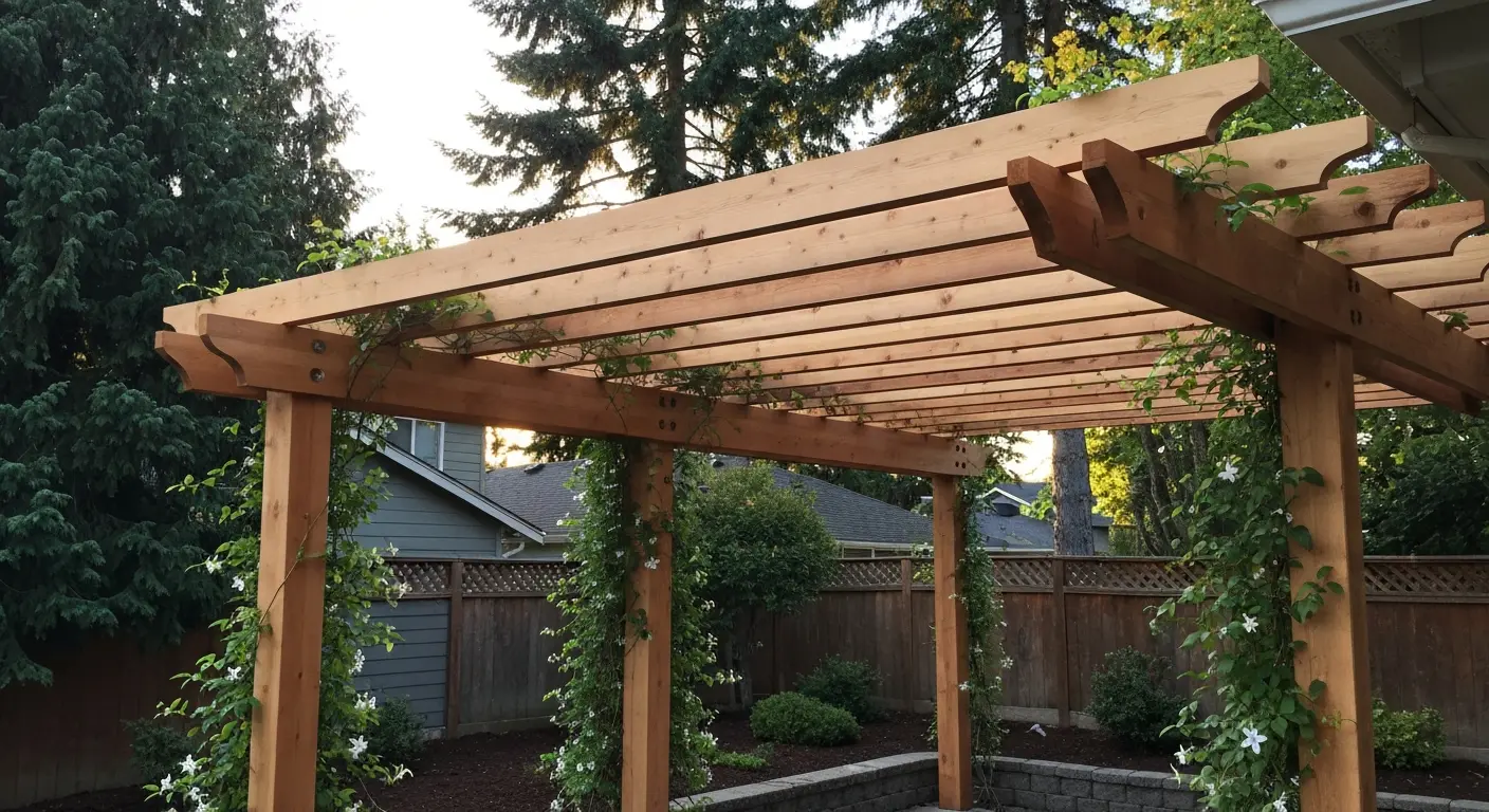 Cedar pergola with climbing vines creating filtered shade