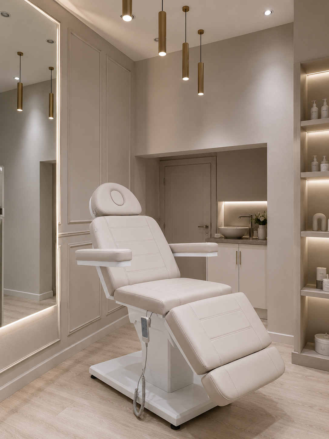 A white FURIA bed under pendant lights