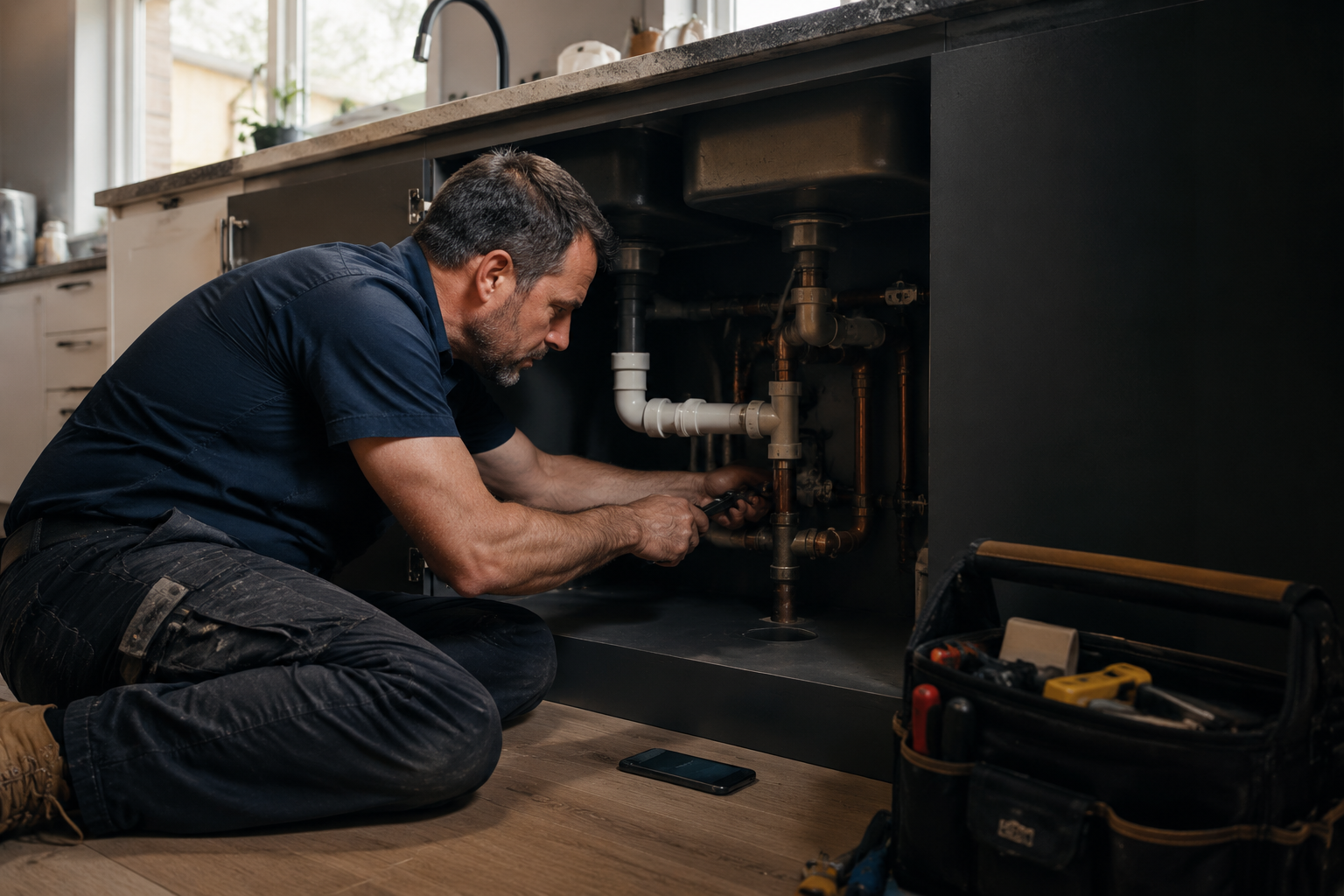 Professional plumber repairing pipework beneath a kitchen sink
