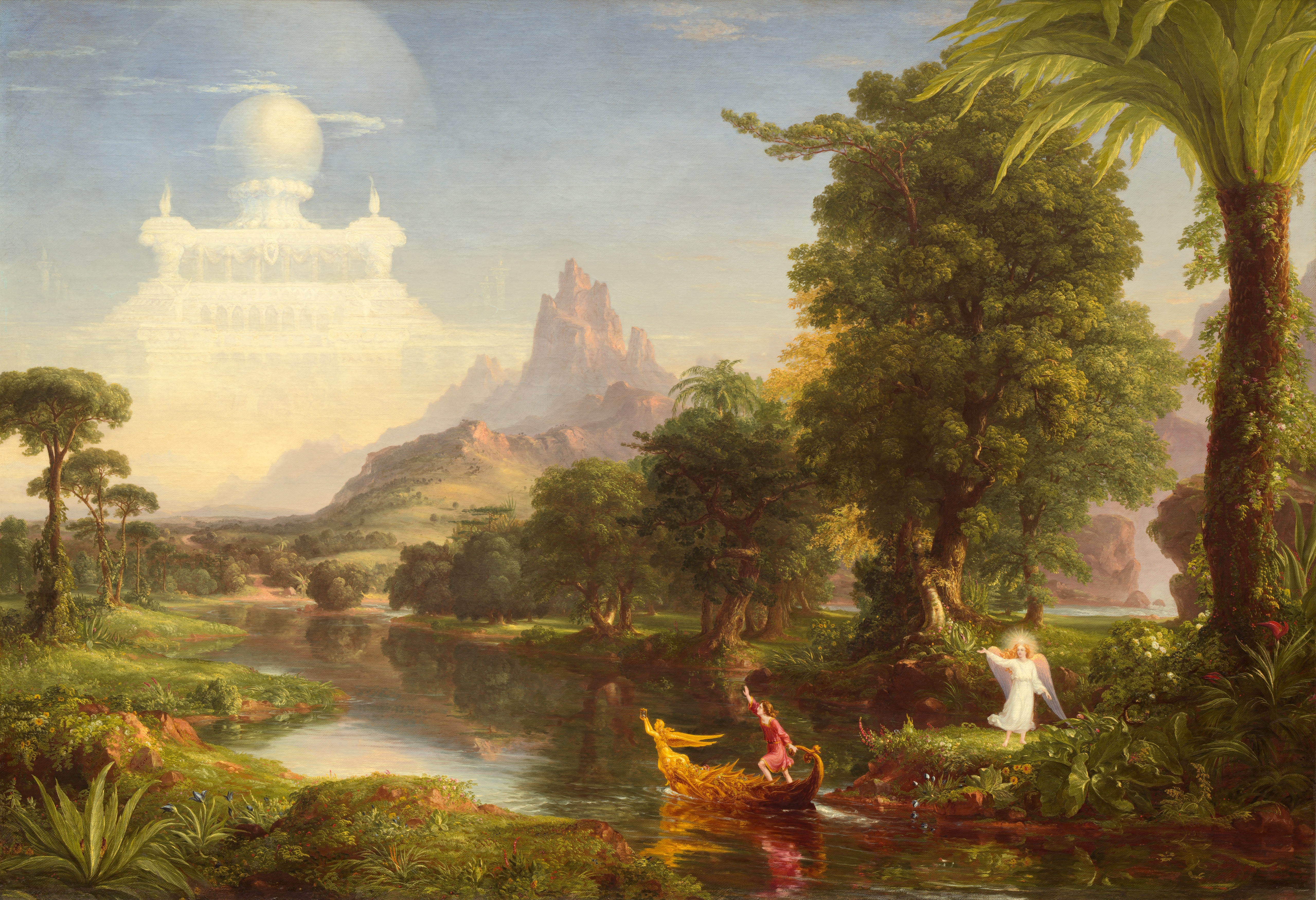 Painted landscape with water, trees, and distant mountains