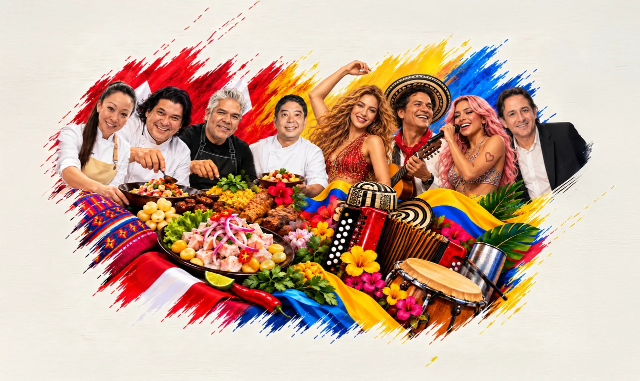 Ilustración: cocineros peruanos y músicos colombianos alrededor de una mesa con comida, acordeón y tambores, sobre las banderas de Perú y Colombia
