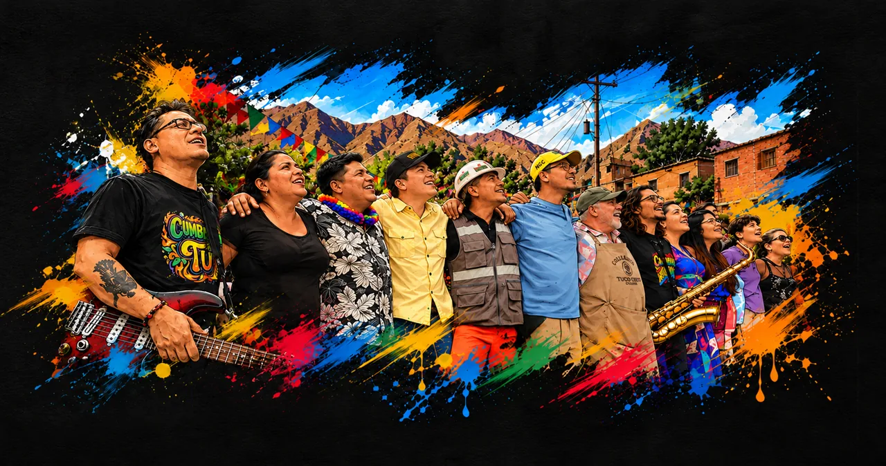 Embajadores de Cumbia La Actitud abrazados, cantando a una sola voz