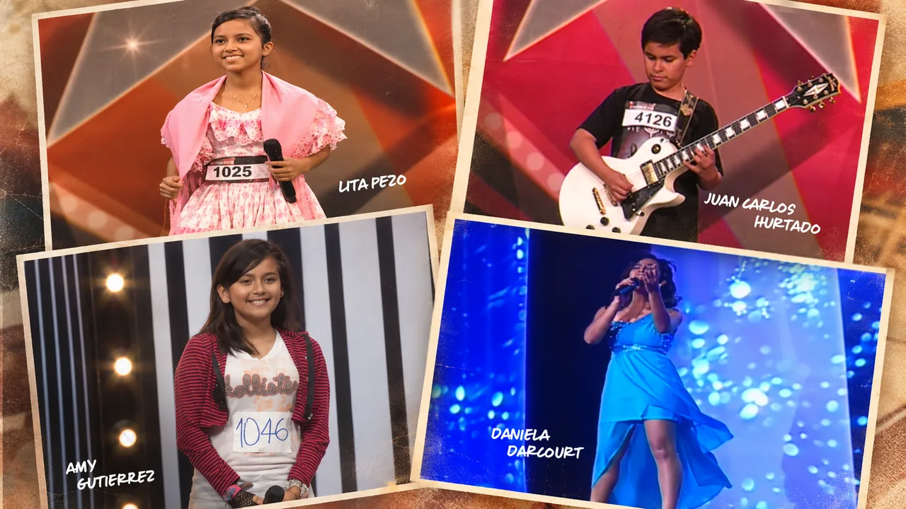 Collage de Perú Tiene Talento con Lita Pezo, Juan Carlos Hurtado, Amy Gutiérrez y Daniela Darcourt de niños