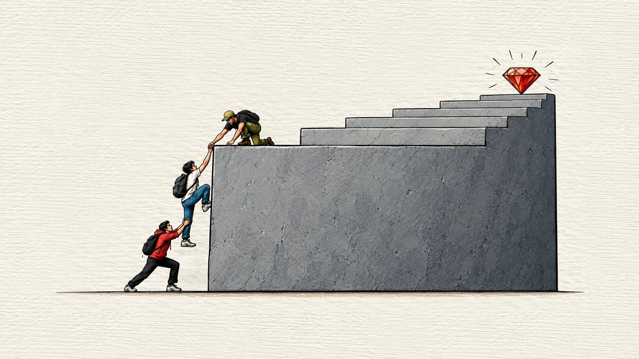 Ilustración: tres personas se ayudan a subir un muro alto hacia una escalera que lleva a un diamante