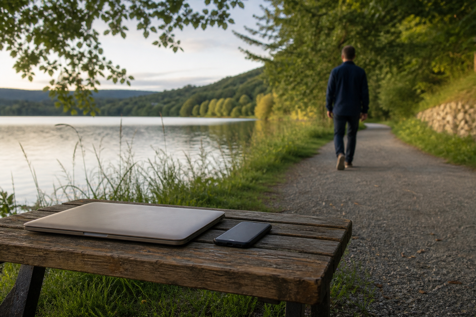 Telefon odložený vedle zavřeného notebooku při klidné procházce u vody
