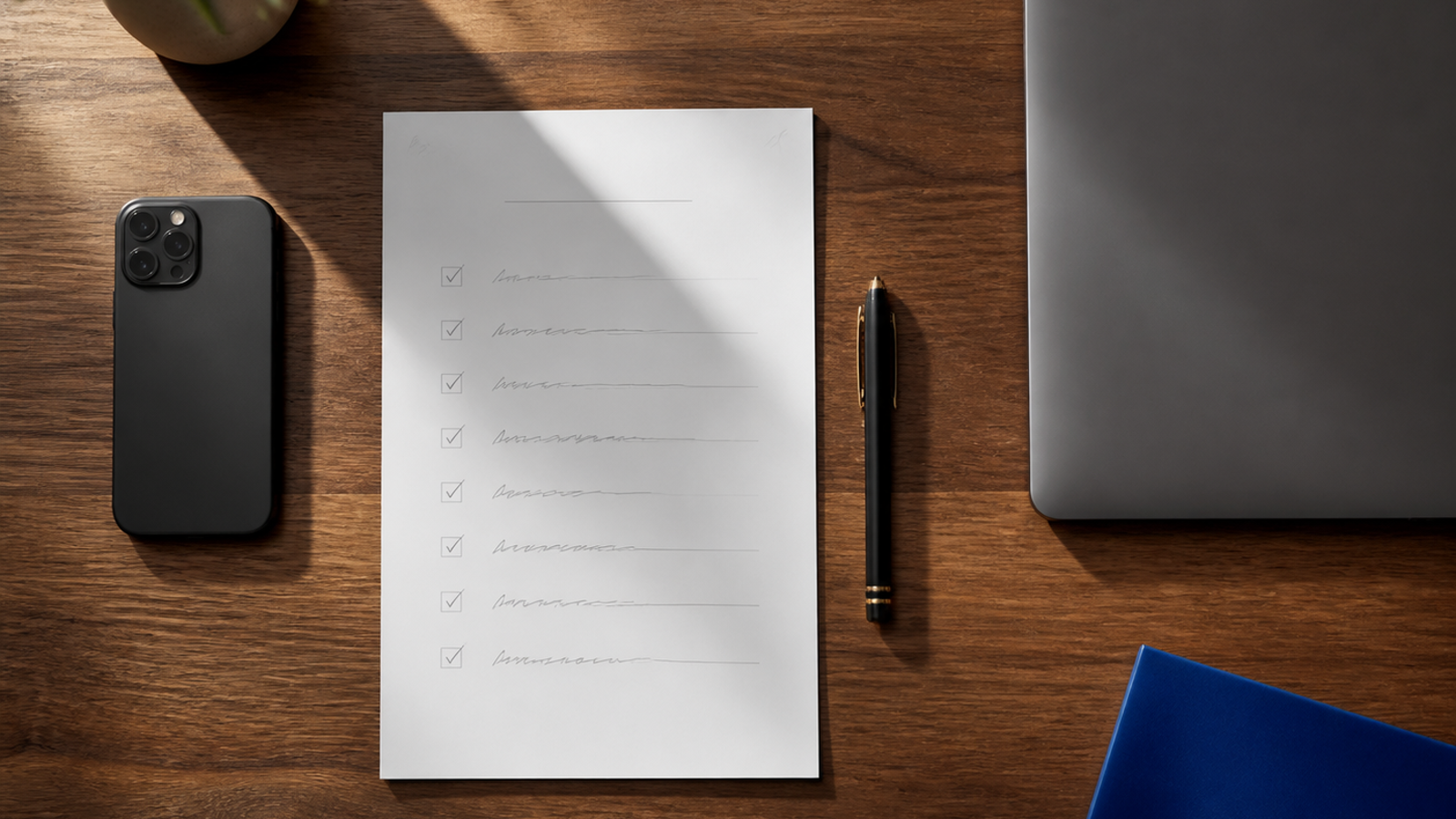 Čistý pracovní stůl s jedním seznamem, uzavřeným notebookem a telefonem otočeným displejem dolů.