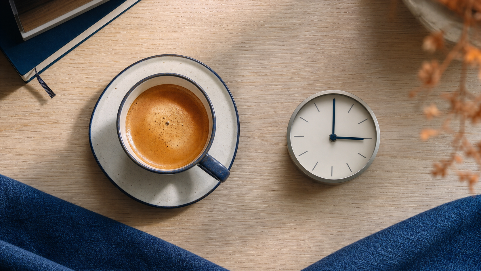 Espresso vedle hodin ukazujících tři odpoledne jako připomínka času poslední kávy.
