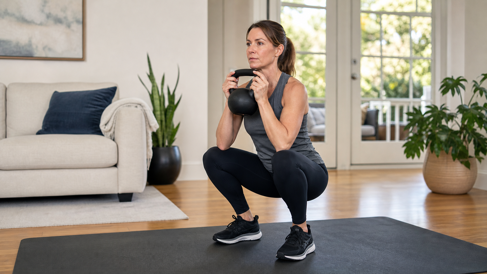 Žena středního věku cvičí jednoduchý silový trénink s kettlebellem doma