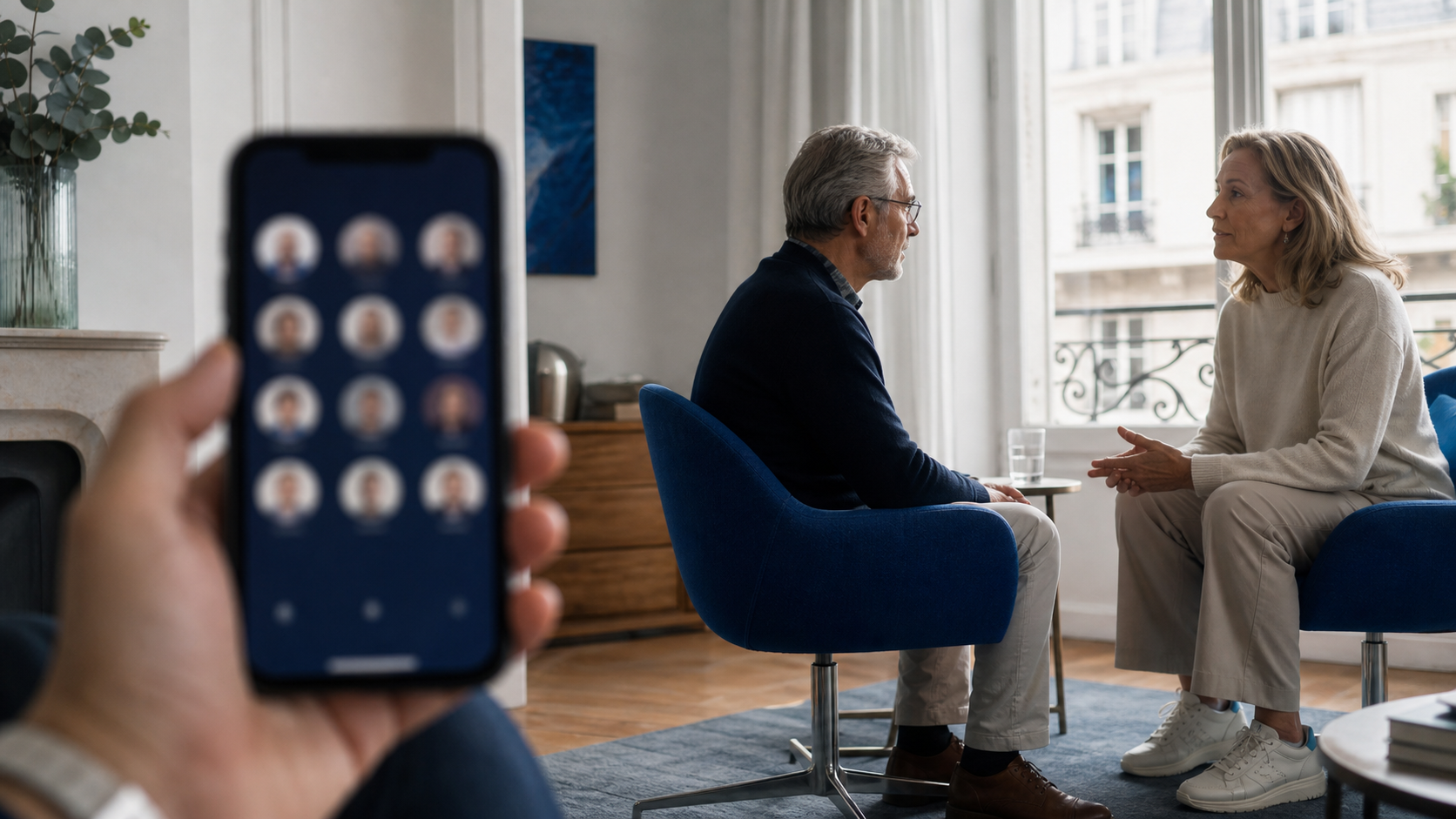 Telefon s množstvím kontaktů vedle osobního rozhovoru dvou lidí