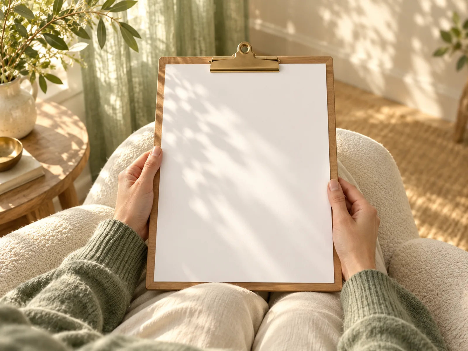 A clipboard with one page resting on a woman's lap in a waiting room