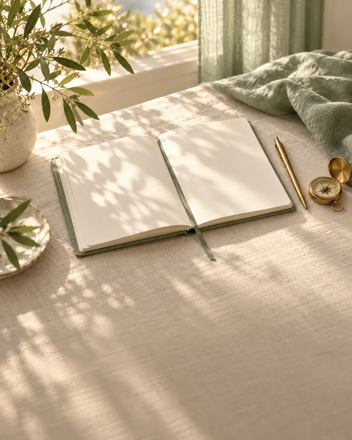 An open planner and a pen on a linen table