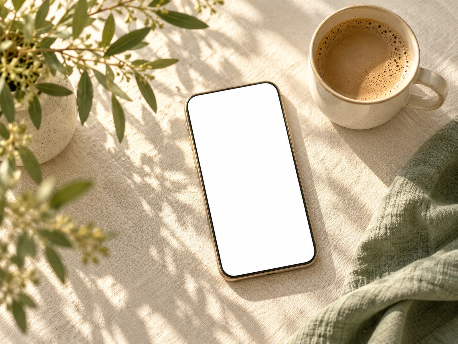 A phone on a linen tablecloth beside a coffee cup
