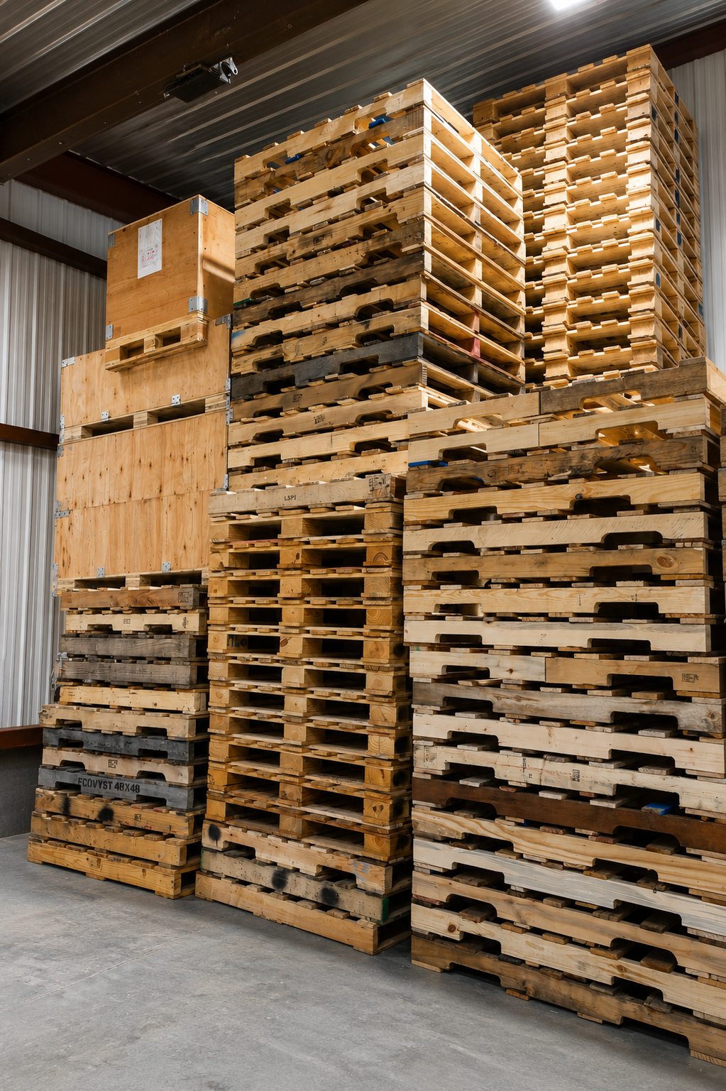 Mixed grades of pallets stacked in the Waukegan warehouse