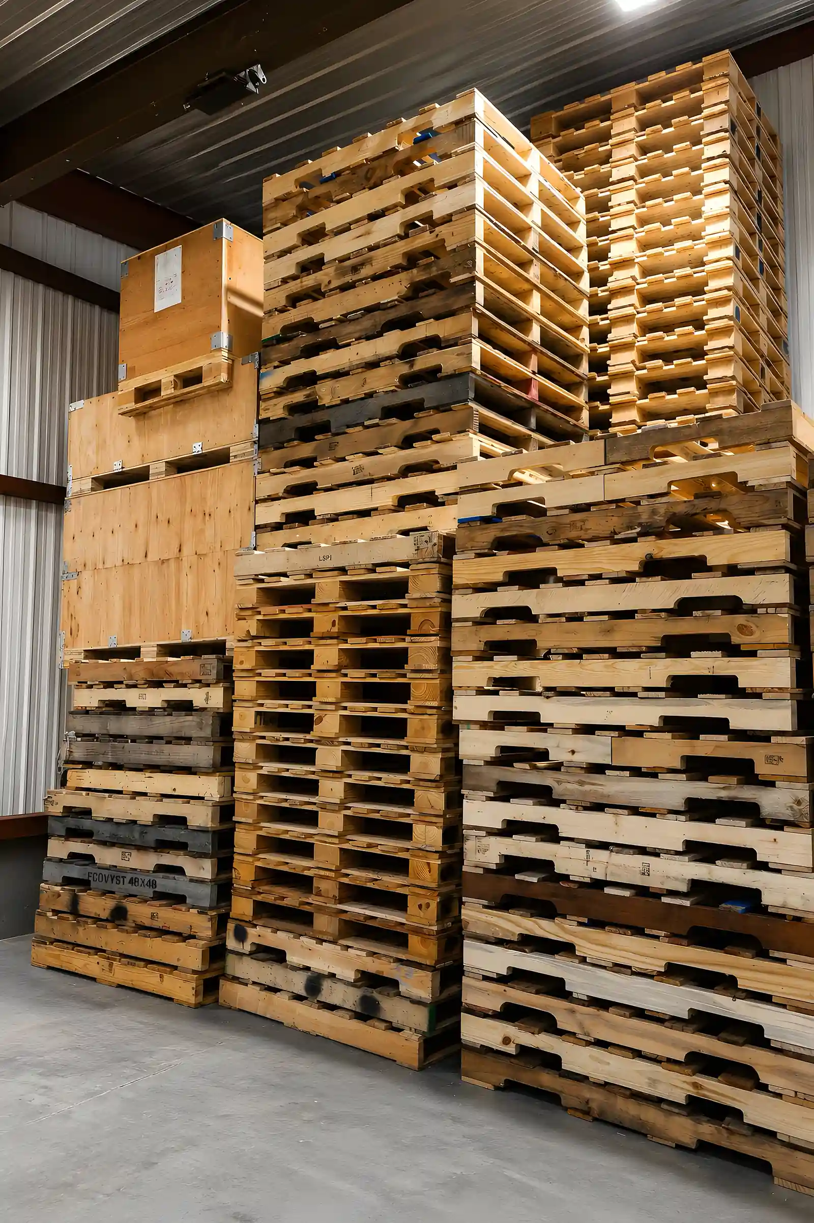 Tall stacks of reconditioned and new pallets in the Multi Pallets warehouse in Waukegan, IL