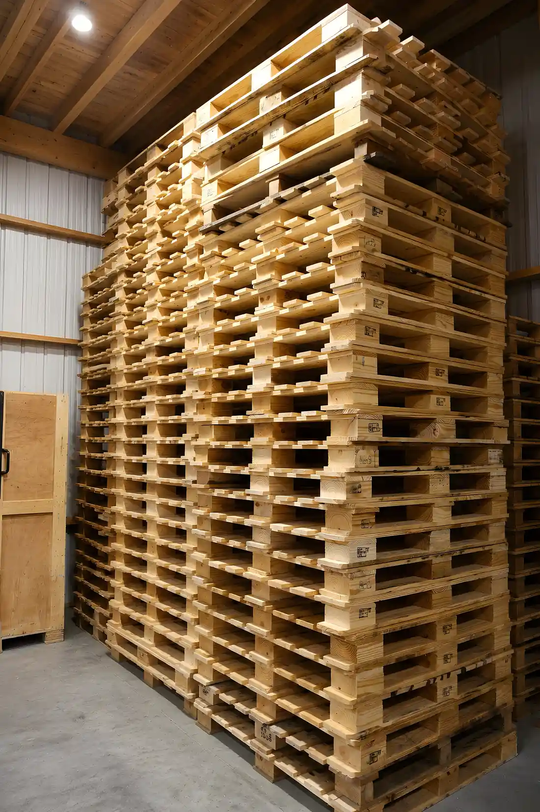 A tall stack of pallets ready for delivery at Multi Pallets in Waukegan, IL