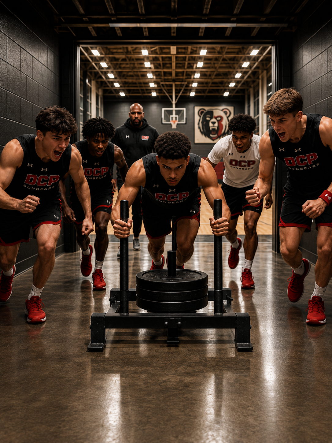 Student-athletes training together in a dark, intensely lit gym