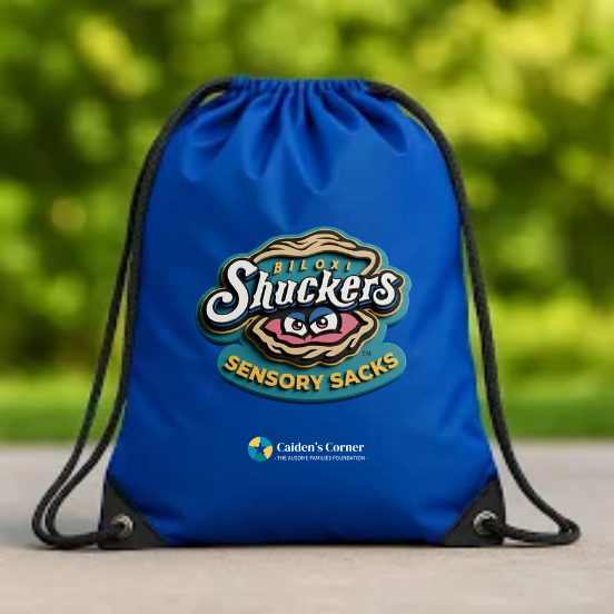 Caiden's Corner Shuckers Sensory Sack bag with Biloxi Shuckers branding, including noise-canceling headphones and fidget tools