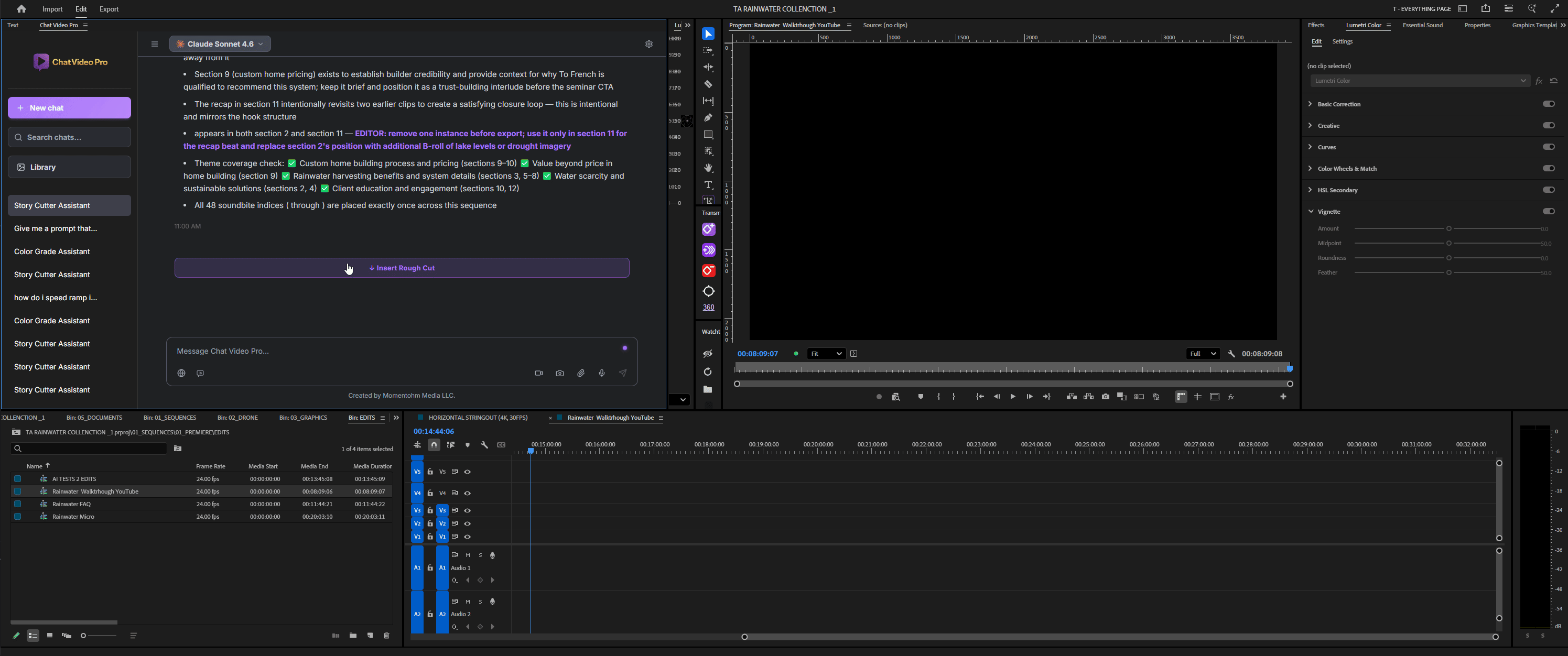 AI story editing inside Premiere Pro — select pass and transcript insertion demo
