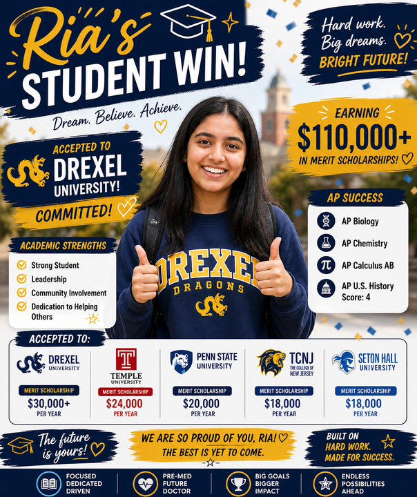 Ria — Drexel University · Pre-Med · $110,000+ in scholarships