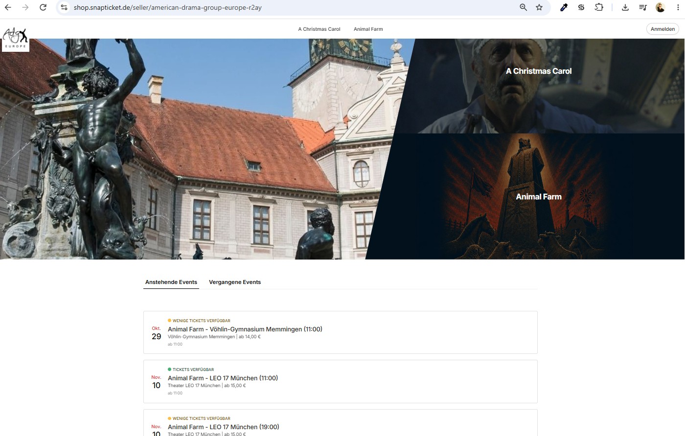 Ticketshop der American Drama Group Europe mit Programmübersicht und Veranstaltungen