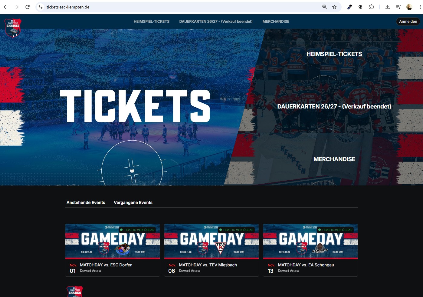 Ticketshop des ESC Kempten mit Heimspieltickets, Dauerkarten und Merchandise