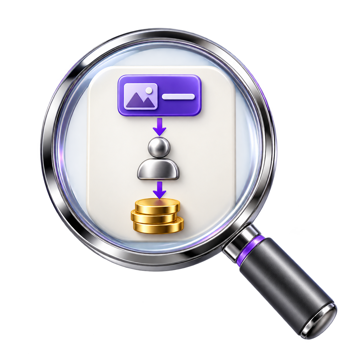 Magnifying glass tracing an ad to a customer to revenue