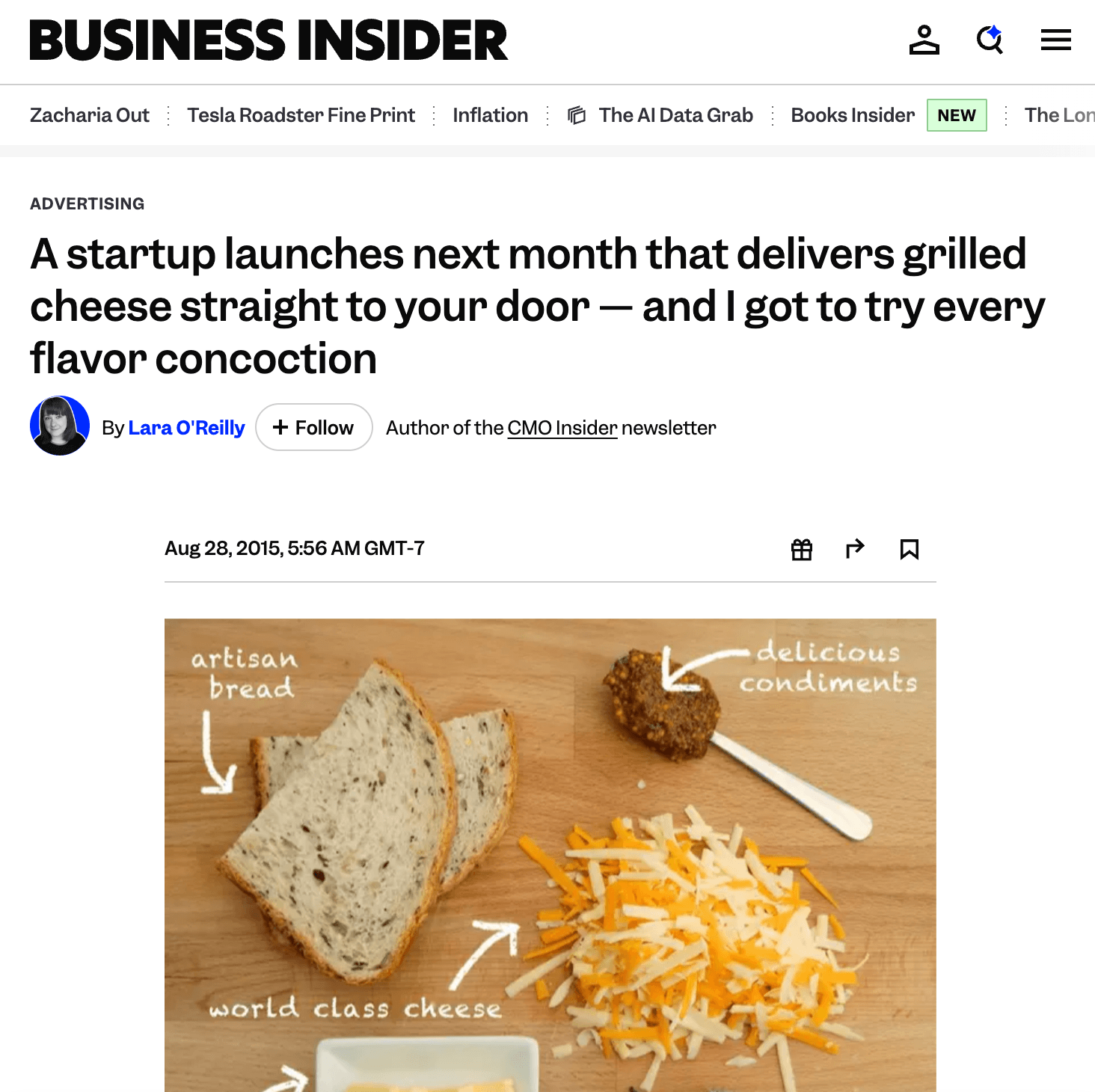 Business Insider coverage of the grilled cheese subscription
