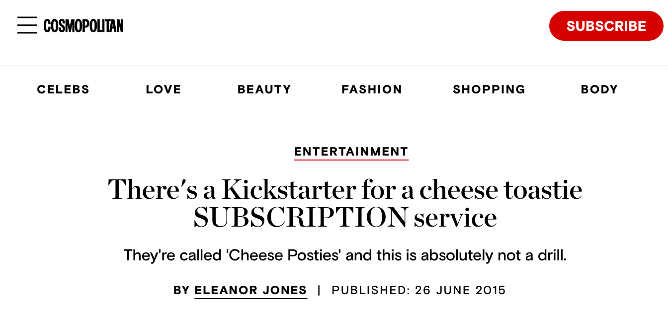 Cosmopolitan coverage of the grilled cheese subscription