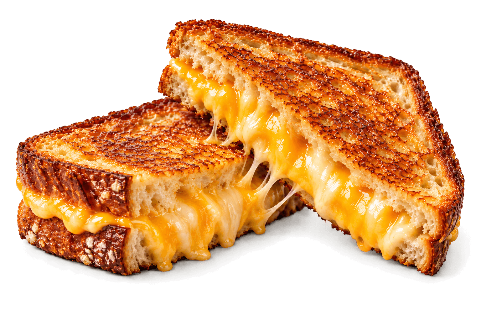 A grilled cheese sandwich, cut in half, cheese pulling between the two halves