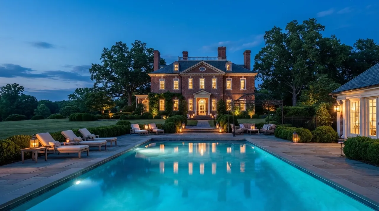 A historic Northern Virginia brick manor estate at twilight with a luminous gunite swimming pool in the foreground