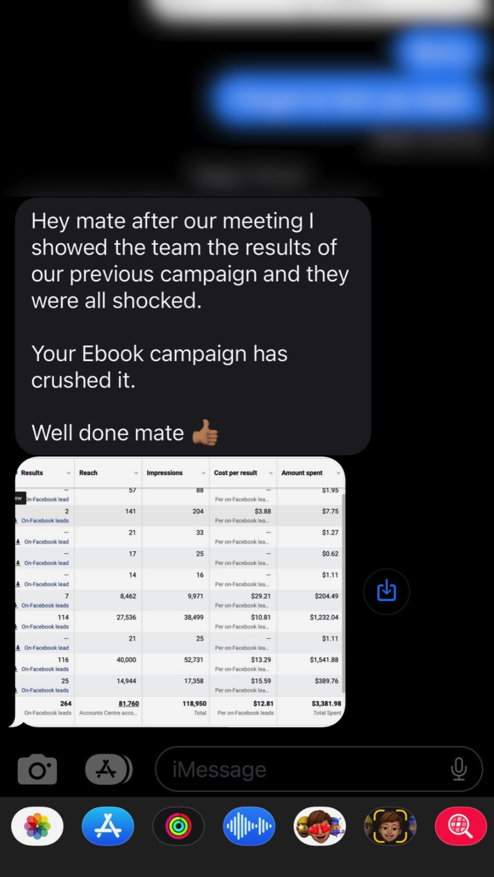 Client message: Hey mate after our meeting I showed the team the results of our previous campaign and they were all shocked. Your Ebook campaign has crushed it. Well done mate.