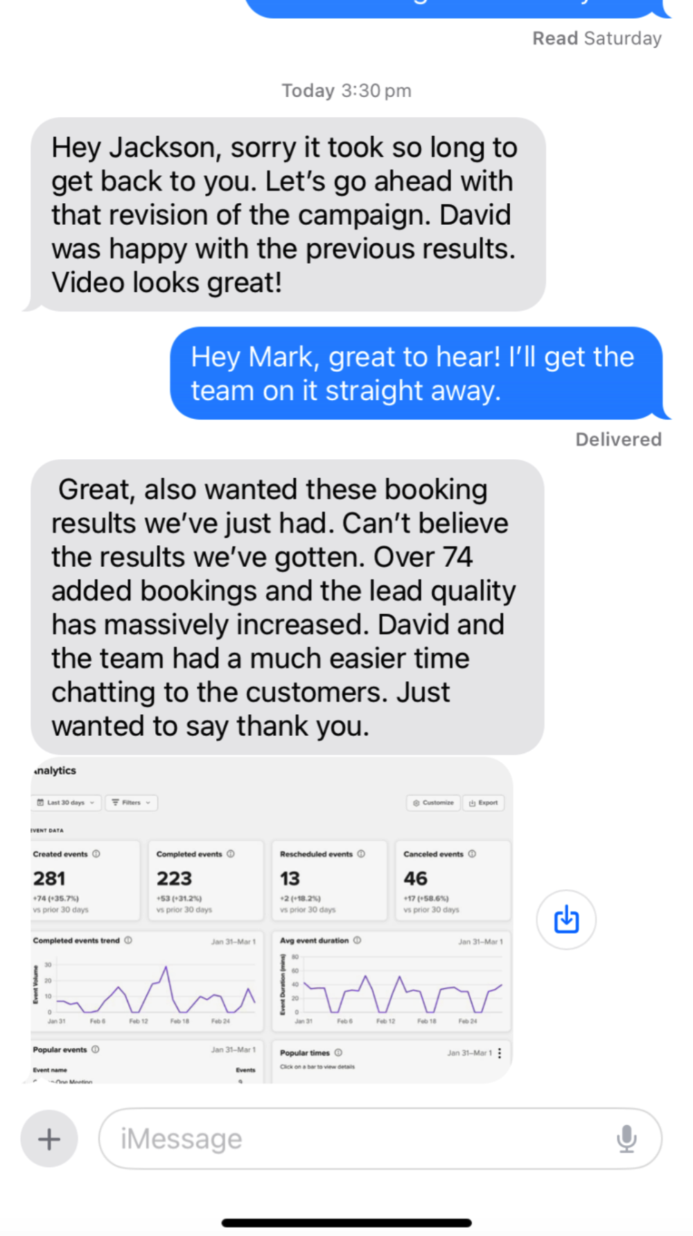 Client message: Hey Jackson, sorry it took so long to get back to you. Let's go ahead with that revision. Over 74 added bookings and the lead quality has massively increased.