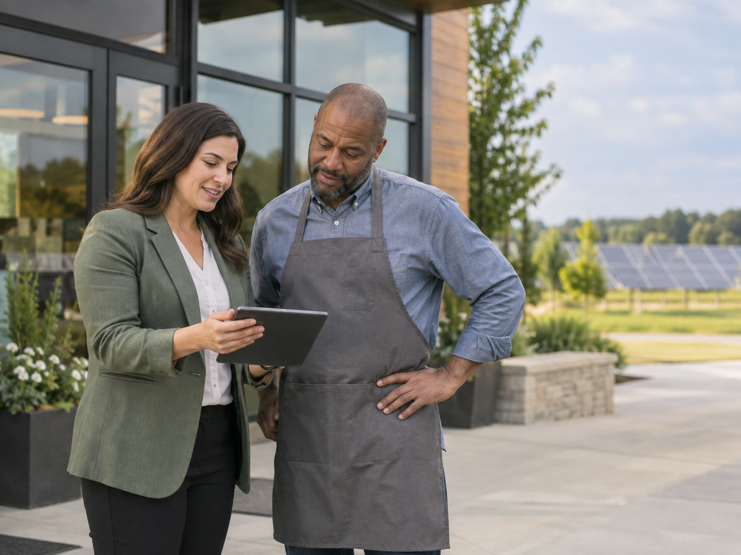 Business owner reviewing commercial community solar savings information with an energy advisor