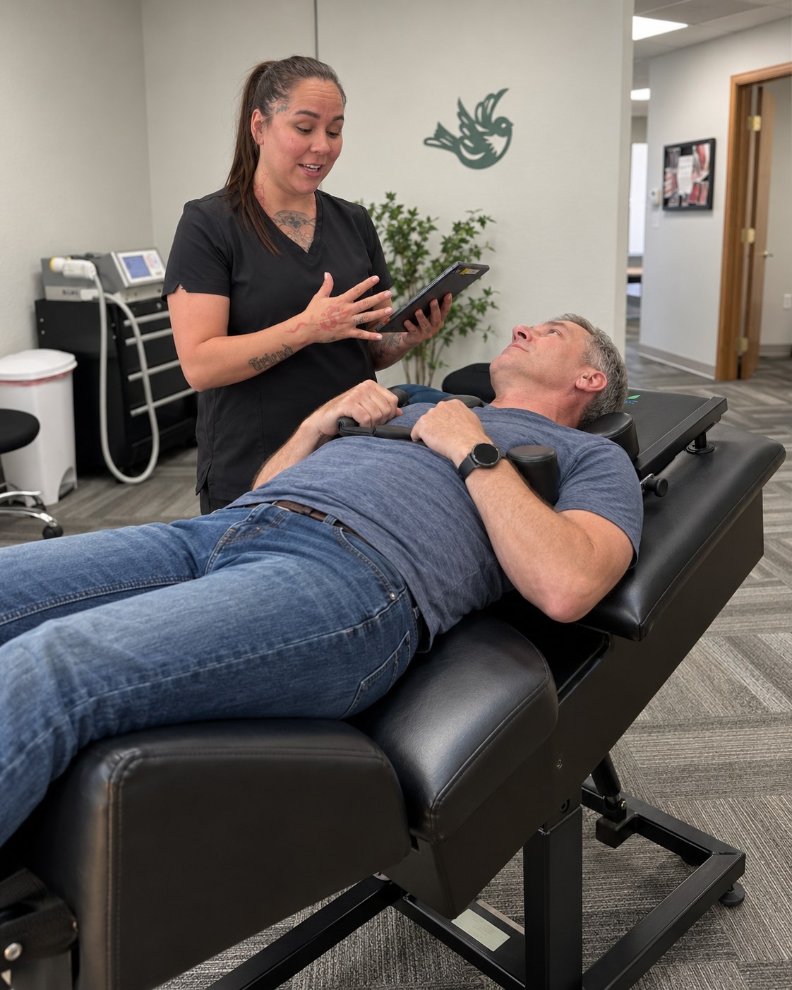 An Althoff Wellness Clinic team member explaining a care plan to a patient on the spinal decompression table in Cheyenne, WY