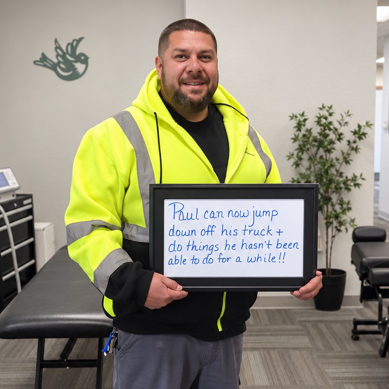 Patient Paul holding a whiteboard about his back pain progress at Althoff Wellness Clinic in Cheyenne