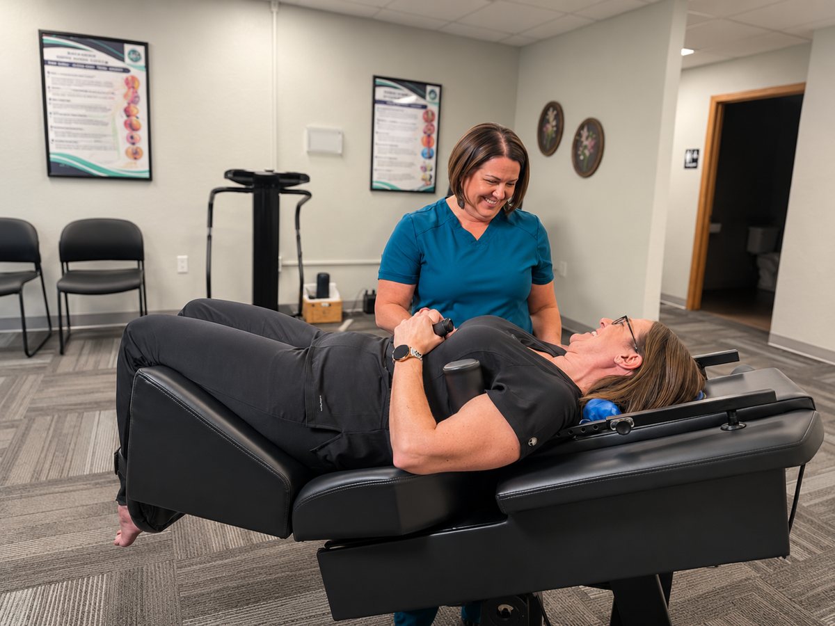 Patient relaxing on a spinal decompression table while Dr. A checks in