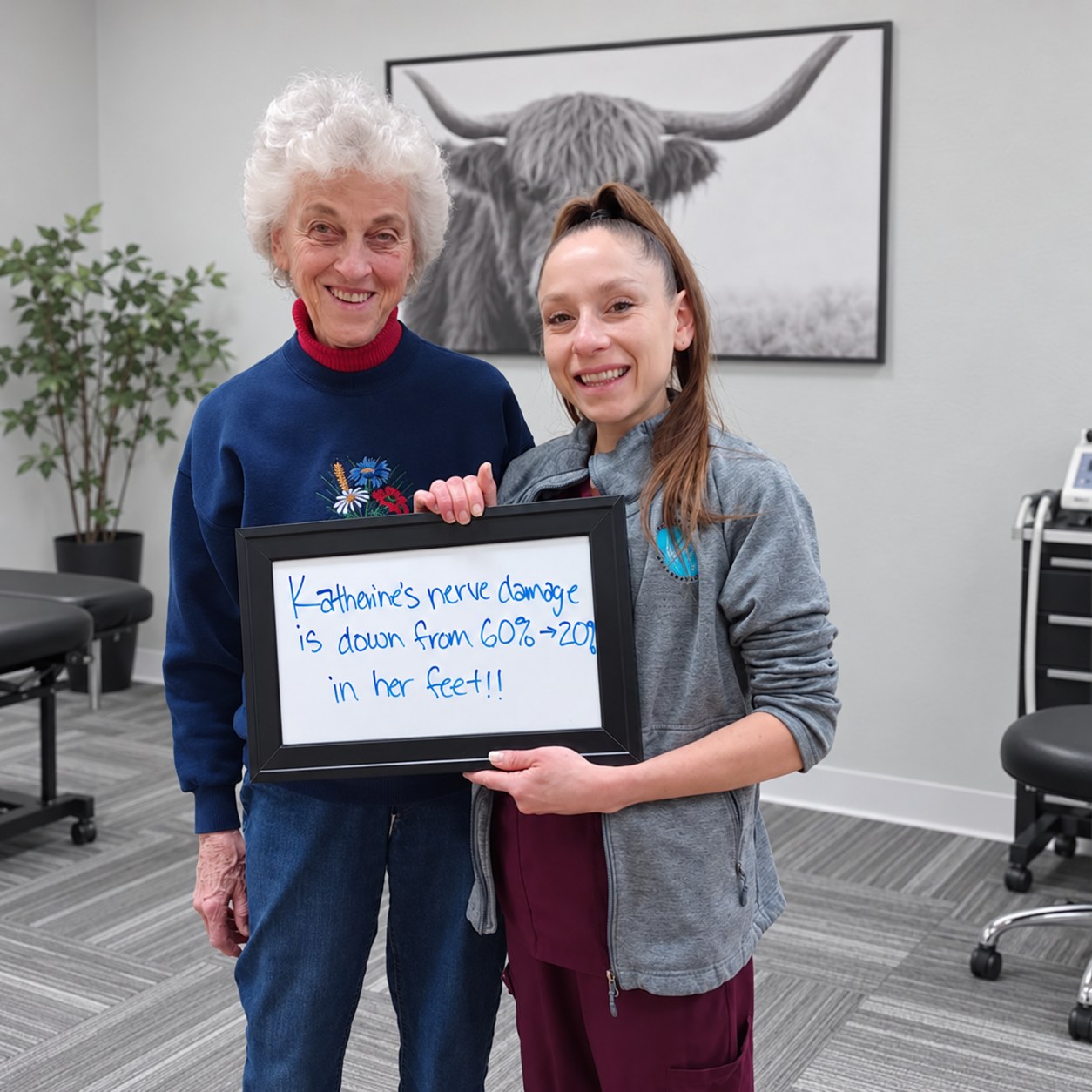 Patient Katherine holding a whiteboard about her neuropathy progress with an Althoff Wellness Clinic team member in Cheyenne