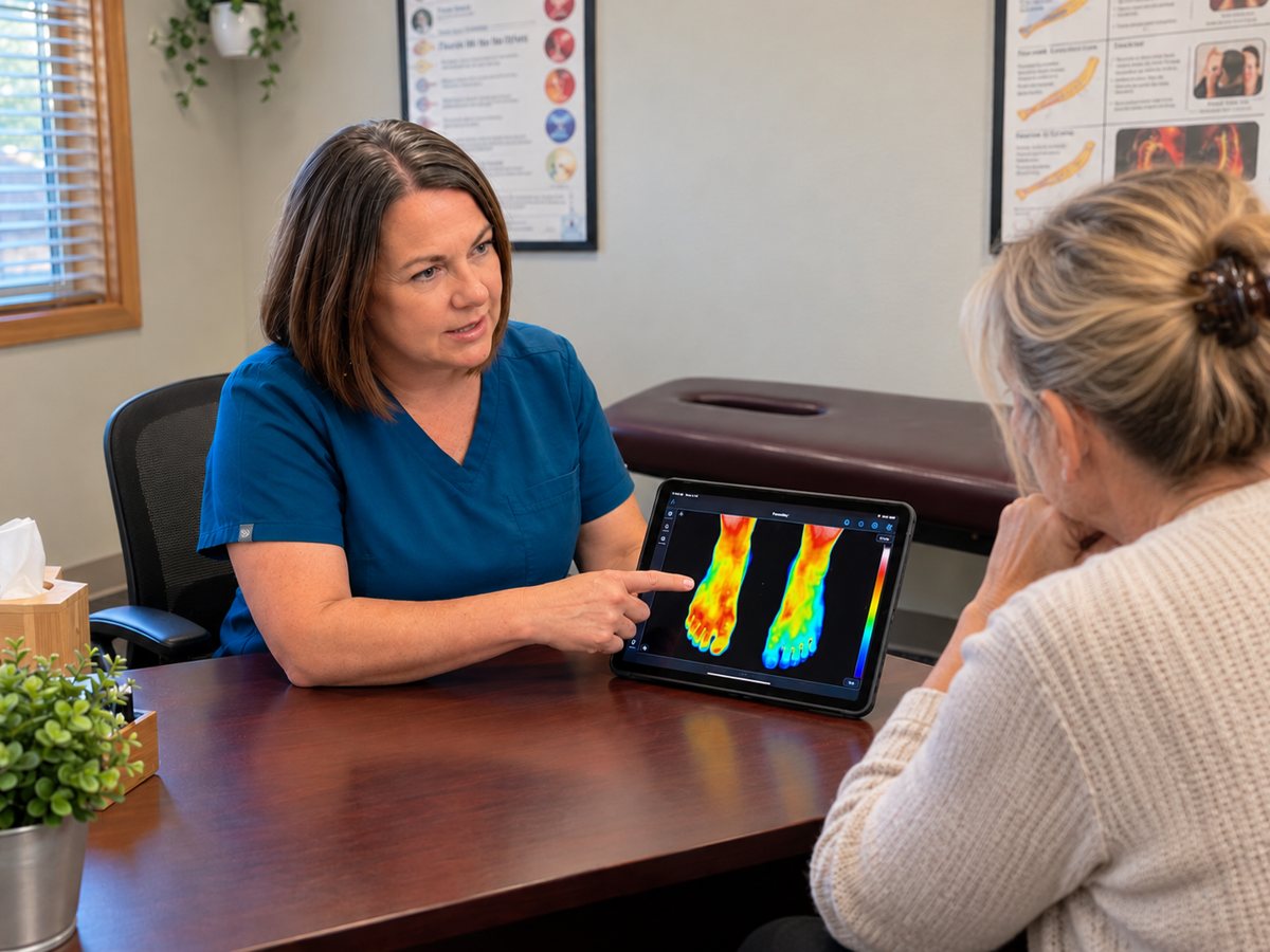 Dr. A reviewing a thermal image of a patient's feet during a neuropathy consultation