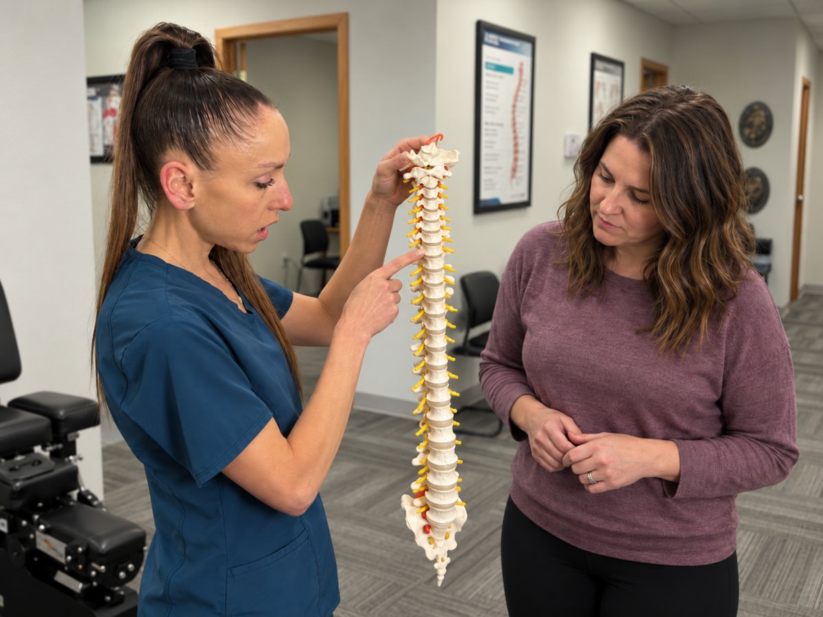 Dr. J using a spine model to explain exam findings to a patient