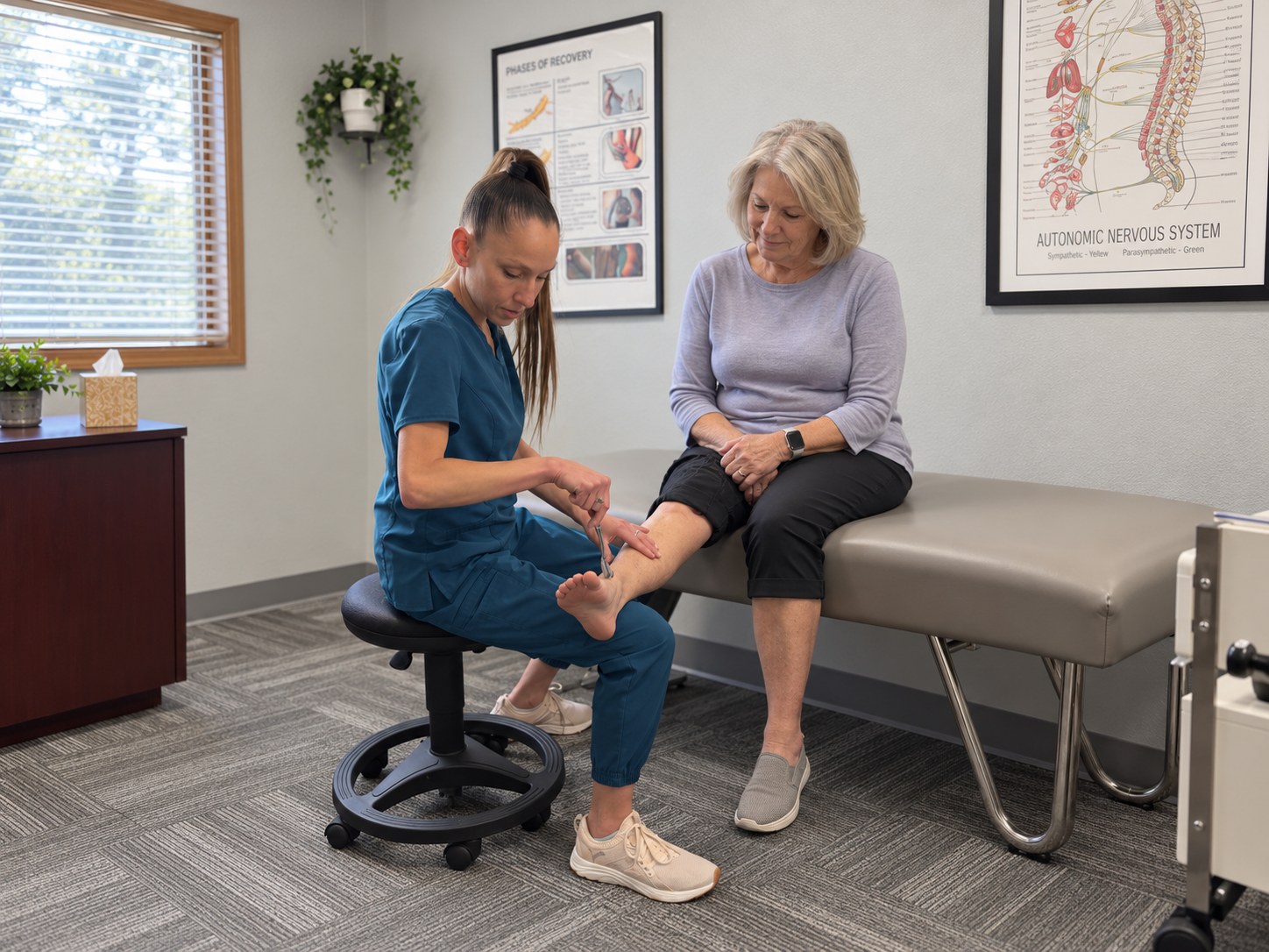 Dr. Jennifer Saboy, DC (Dr. J) testing reflexes and sensation in a patient's foot during a neuropathy exam in Cheyenne