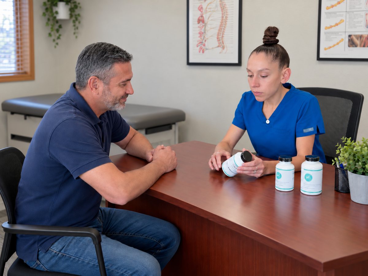 Dr. Jennifer Saboy, DC (Dr. J) reviewing a personalized nutrition plan and supplements with a patient in Cheyenne, Wyoming