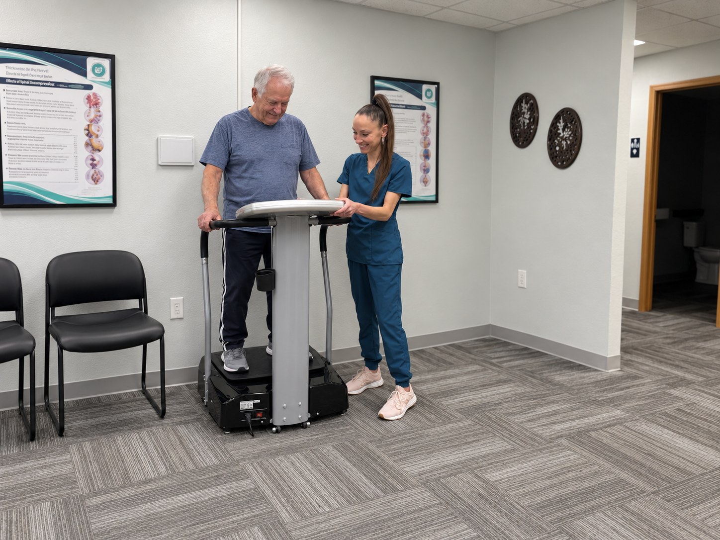 Dr. Jennifer Saboy, DC (Dr. J) guiding a patient through balance training on a whole-body vibration platform